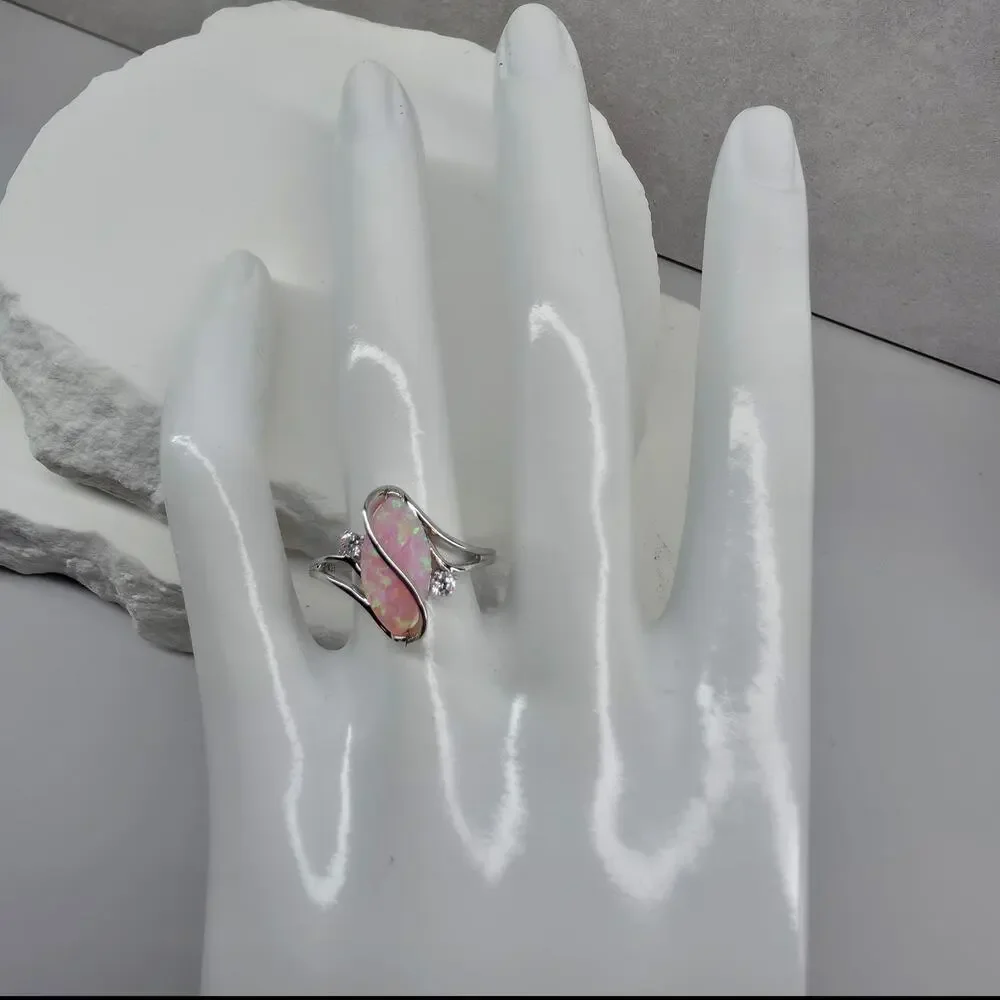 Size 9 Marquise Pink Fire Opal Ribbon Bypass Ring in Solid 925 Sterling Silver